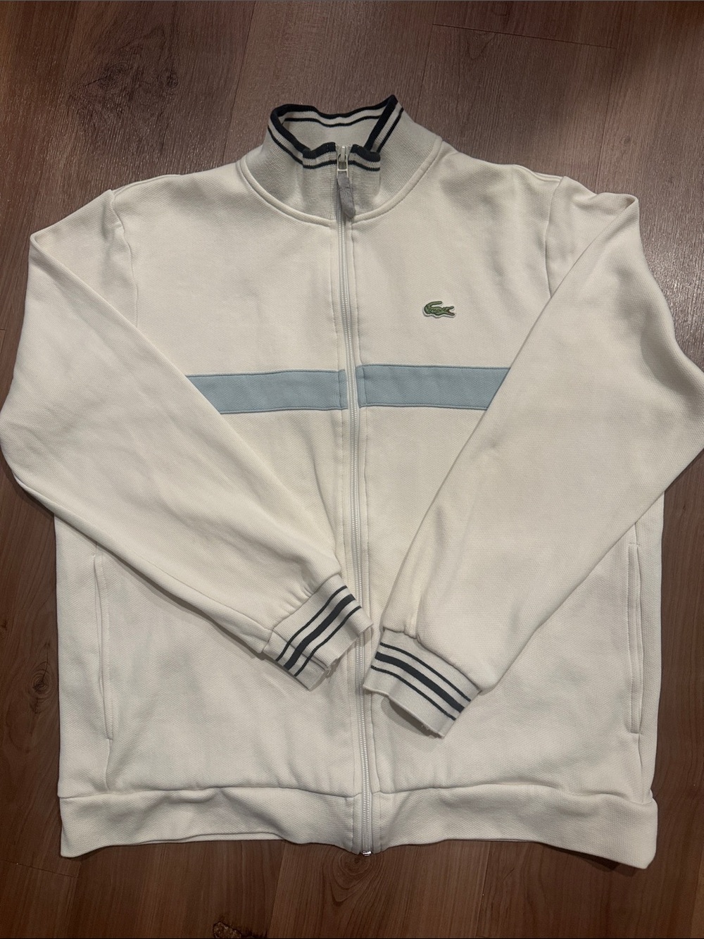 Lacoste White Men's Full-Zip Track Jacket with Light Blue Chest Stripe